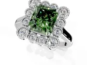 Cluster Halo Engagement Ring Setting for Fancy Green Radiant Cut Center with Milgrain Bezel Accents and Prong Head in Platinum