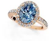Halo Engagement Ring Setting for Fancy Blue Oval Center with Heart-Shaped Openwork, Pave Band and Prong Head in Rose Gold