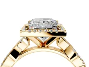 Halo Engagement Ring Setting for Princess Cut Center with Pave and Plain Twist Band and Prong Head in Yellow Gold