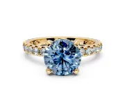 Solitaire Engagement Ring Setting for Fancy Blue Round Cut Center with Shared-Prong Accents and Prong Head in Yellow Gold