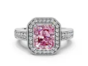 Milgrain Halo Engagement Ring Setting for Fancy Pink Radiant Cut Center with Pave Band and Prong Head in White Gold