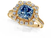 Milgrain Halo Engagement Ring Setting for Fancy Blue Cushion Cut Center with Bezel Point Accents and Prong Head in Yellow Gold