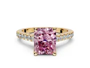 Solitaire Engagement Ring Setting for Fancy Pink Radiant Cut Center with Widening Pave Band and Claw Prong Head in Yellow Gold