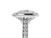 Halo Engagement Ring Setting for Radiant Cut Center with Milgrain Pave Band and Bezel Head in White Gold