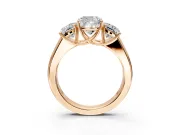 3 Stone Engagement Ring Setting for Cushion Cut Center with Raised Basket Heads and Prong Head in Rose Gold