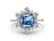 Small-Accent Cluster Halo Engagement Ring Setting for Fancy Blue Princess Cut Center with Plain Band and Prong Head in Platinum