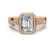 Halo Engagement Ring Setting for Emerald Cut Center with Wide Band, Inlaid Accent Row and Prong Head in Rose Gold