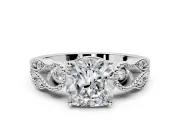 Leaf Engagement Ring Setting for Cushion Cut Center with Milgrain Accent Band and Prong Head in White Gold