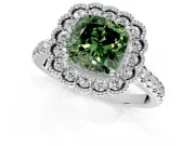 Milgrain Floral Halo Engagement Ring Setting for Fancy Green Cushion Cut Center with Pave Band and Prong Head in Sterling Silver