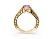 Solitaire Engagement Ring Setting for Fancy Pink Cushion Cut Center with Engraved Pave Band and Prong Head in Yellow Gold