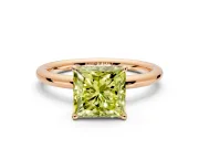 Hidden Halo Engagement Ring Setting for Fancy Yellow Princess Cut Center with Thin Rounded Band and Prong Head in Rose Gold