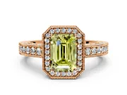 Milgrain Halo Engagement Ring Setting for Fancy Yellow Emerald Cut Center with Wide Pave Band and Prong Head in Rose Gold