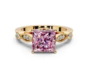 Solitaire Engagement Ring Setting for Fancy Pink Princess Cut Center with Marquise and Bezel Accents and Prong Head in Yellow Gold