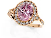 Halo Engagement Ring Setting for Fancy Pink Oval Center with Milgrain Rim, Pave Band and Prong Head in Rose Gold