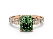 Solitaire Engagement Ring Setting for Fancy Green Radiant Cut Center with Multi-Row Pave Accents and Basket Head in Rose Gold