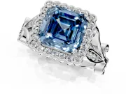 Halo Engagement Ring Setting for Fancy Blue Asscher Cut Center with Leaf Motif Split Shank and Prong Head in Platinum