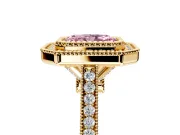 Halo Engagement Ring Setting for Fancy Pink Radiant Cut Center with Milgrain Frame, Pave Band and Prong Head in Yellow Gold