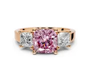 3 Stone Engagement Ring Setting for Fancy Pink Cushion Cut Center with Matching Side Accents and Prong Head in Rose Gold