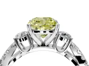 3 Stone Engagement Ring Setting for Fancy Yellow Cushion Cut Center with Pave Split Shank and Prong Head in White Gold