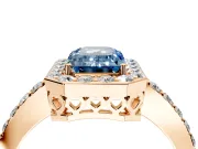Halo Engagement Ring Setting for Fancy Blue Emerald Cut Center with Heart-Shaped Openwork, Pave Band and Prong Head in Rose Gold