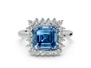 Starburst Halo Engagement Ring Setting for Fancy Blue Asscher Cut Center with Thin Round-Wire Band and Prong Head in Sterling Silver