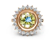 Halo Engagement Ring Setting for Fancy Yellow Round Cut Center with Milgrain Bezel Rim, Plain Band and Prong Head in Rose Gold