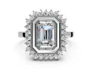Halo Engagement Ring Setting for Emerald Cut Center with Milgrain Bezel Rim, Plain Band and Prong Head in Platinum