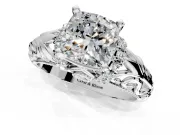 Solitaire Engagement Ring Setting for Cushion Cut Center with Filigree Accent Basket and Prong Head in Platinum