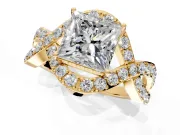 Halo Engagement Ring Setting for Princess Cut Center with Pave Infinity Twist Band and Prong Head in Yellow Gold