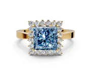 Starburst Halo Engagement Ring Setting for Fancy Blue Princess Cut Center with Flat Cathedral Band and Prong Head in Yellow Gold