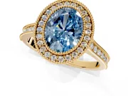 Halo Engagement Ring Setting for Fancy Blue Oval Center with Milgrain Pave Band and Bezel Head in Yellow Gold