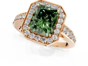 Bezel-Framed Halo Engagement Ring Setting for Fancy Green Radiant Cut Center with Pave Band and Prong Head in Rose Gold