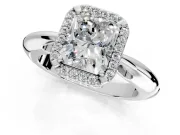 Halo Engagement Ring Setting for Radiant Cut Center with Tapered Plain Band and Prong Head in Platinum