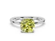 Hidden Halo Engagement Ring Setting for Fancy Yellow Cushion Cut Center with Thin Rounded Band and Prong Head in Platinum