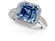 Bezel-Framed Halo Engagement Ring Setting for Fancy Blue Asscher Cut Center with Pave Band and Prong Head in Platinum