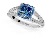 Solitaire Engagement Ring Setting for Fancy Blue Cushion Cut Center with Pave Split Shank and Prong Head in Platinum