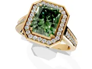 Halo Engagement Ring Setting for Fancy Green Radiant Cut Center with Outer Bezel Rim, Pave Band and Prong Head in Yellow Gold