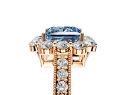 Halo Engagement Ring Setting for Fancy Blue Princess Cut Center with Milgrain Channel Band and Prong Head in Rose Gold