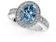 Milgrain Halo Engagement Ring Setting for Fancy Blue Oval Center with Pave Band and Prong Head in Platinum