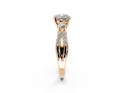 3 Stone Engagement Ring Setting for Cushion Cut Center with Pave Split Shank and Prong Head in Rose Gold