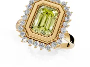 Halo Engagement Ring Setting for Fancy Yellow Emerald Cut Center with Milgrain Bezel Rim, Plain Band and Prong Head in Yellow Gold