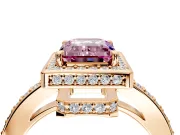 Halo Engagement Ring Setting for Fancy Pink Emerald Cut Center with Metal-Rimmed Halo, Pave Band and Prong Head in Rose Gold