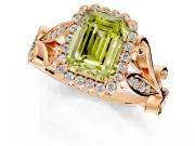 Halo Engagement Ring Setting for Fancy Yellow Emerald Cut Center with Leaf Motif Split Shank and Prong Head in Rose Gold
