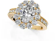 Halo Engagement Ring Setting for Oval Center with Milgrain Channel Band and Prong Head in Yellow Gold