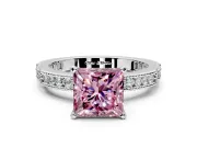 Solitaire Engagement Ring Setting for Fancy Pink Princess Cut Center with Milgrain-Edged Pave Band and Prong Head in Platinum