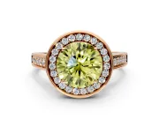 Halo Engagement Ring Setting for Fancy Yellow Round Cut Center with Outer Bezel Rim, Pave Band and Prong Head in Rose Gold