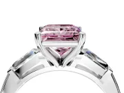 3 Stone Engagement Ring Setting for Fancy Pink Princess Cut Center with Tapered Baguettes, Plain Band and Prong Head in White Gold