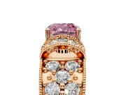 Pave Engagement Ring Setting for Fancy Pink Cushion Cut Center with Curved Accent Rows, Openwork and Prong Head in Rose Gold