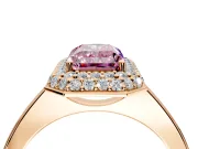 Halo Engagement Ring Setting for Fancy Pink Radiant Cut Center with Plain Tapered Band and Prong Head in Rose Gold