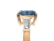 3 Stone Engagement Ring Setting for Fancy Blue Emerald Cut Center with Baguette Accents and Prong Head in Rose Gold